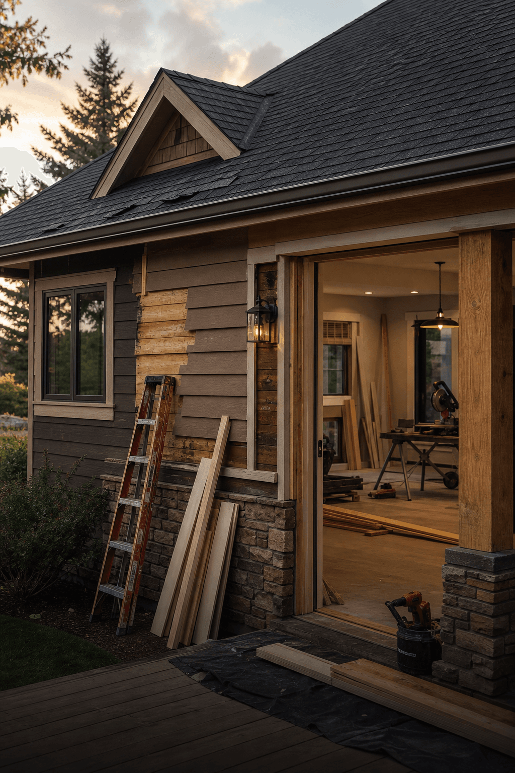 Residential exterior restoration and remodeling project in progress